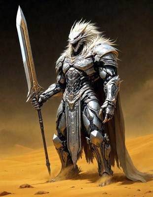 The primary subject of the image is a man dressed in a silver armor, holding a sword. He appears to be a warrior or a knight, standing in a desert-like environment. The setting is a sandy surface, which adds to the overall atmosphere of the image. The visual style of the image is digital art, as it is a detailed and well-crafted illustration. The colors in the image are predominantly silver and brown, giving the scene a sense of drama and intensity.